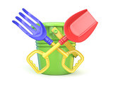 Toy bucket, rake and spade. 3D