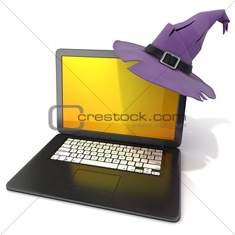 3D rendering of a open black laptop with Halloween colored scree