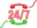 24 hours 7 days a week sign. Retro red and green phone receivers