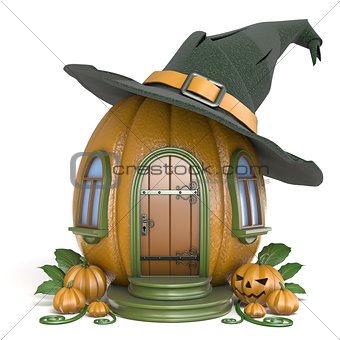 Halloween pumpkin house with witch hat 3D
