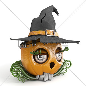 Halloween pumpkin Jack O Lantern lady with witch hat 3D