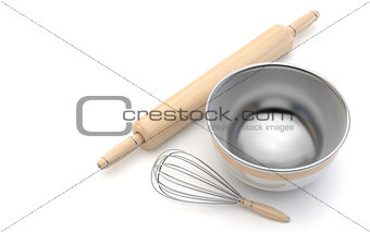 Wire whisk, wooden rolling pin and chrome bowl. 3D