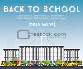 Back to School. Banner with School Bus, Building and Students.