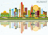 Kuwait Skyline with Color Buildings, Blue Sky and Reflections.