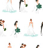 Hand drawn vector abstract cartoon wedding bridals and couple illustration seamless pattern fashion print isolated on white background.