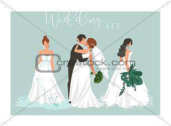 Hand drawn vector abstract cartoon wedding hugging,kissing couple and bridal girls illustrations collection elements set isolated on blue background