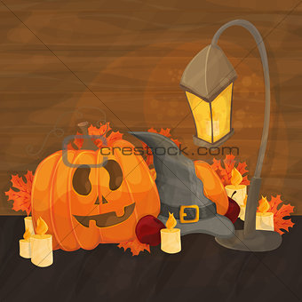 cartoon illustration for halloween - hat, lantern, pumpkin on bright background