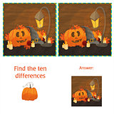 Find the ten differences between the two images with halloween pumpkins