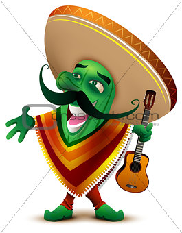 Green Mexican cactus in sombrero and poncho sings