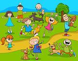 cartoon kids with dogs in the park
