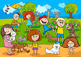 cartoon kids with pets in the park