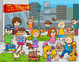 cartoon kids with dogs in the city