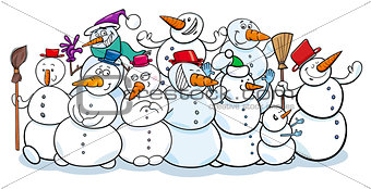 happy snowmen group cartoon illustration