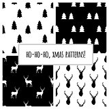 Set of black and white seamless patterns with Christmas trees and deers for Christmas and New Year's wrapping paper. Vector illustration.