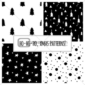 Set of black and white seamless patterns with Christmas trees and stars for Christmas and New Year's wrapping paper. Vector illustration.