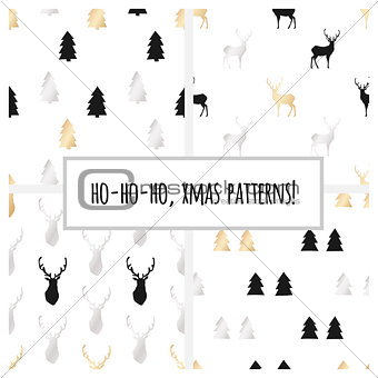 Set of gold foil seamless patterns with Christmas trees and deers for Christmas and New Year's wrapping paper. Vector illustration.