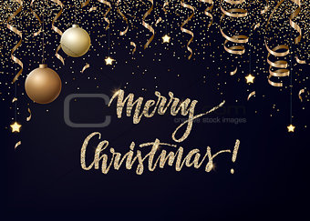 Vector Christmas background with gold serpentines, glitter, confetty and cristmas balls on a dark background.
