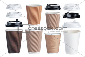 Disposable paper coffee cup isolated on white background. Collection