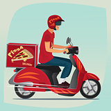 Young pizza courier riding on scooter