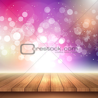Wooden table looking out to bokeh lights background 