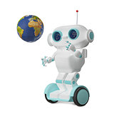 3D Illustration Robot with Globe on Scooter
