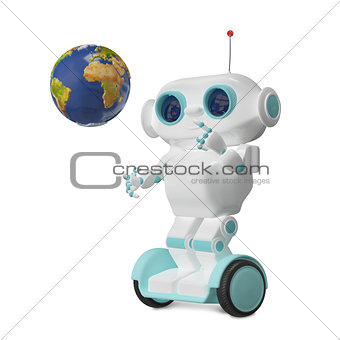 3D Illustration Robot with Globe on Scooter