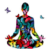 Abstract woman silhouette in yoga pose with butterflies