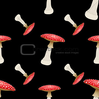 Mushroom chanterelle seamless pattern on black background. Vector