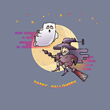 Happy Halloween card with funny ghost, witch and Moon.