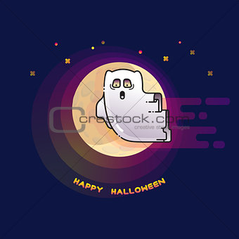 Happy Halloween card with funny flying ghost and Moon.