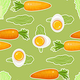 Vegetables seamless pattern. Carrot, cucumber, avocado, egg.