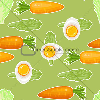 Vegetables seamless pattern. Carrot, cucumber, avocado, egg.