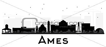 Ames Iowa skyline black and white silhouette.