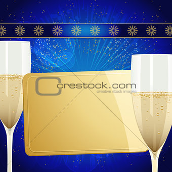 Christmas gift golden card and champagne glasses on blue