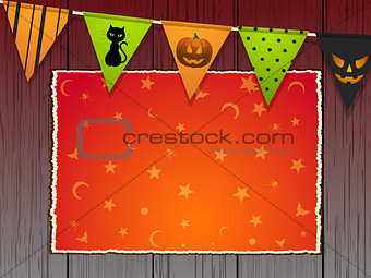 Halloween background with bunting and panel on wood