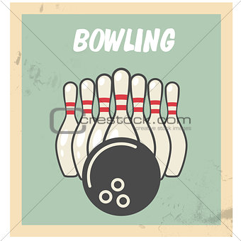 Retro bowling party flyer with skittles and ball