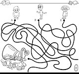 paths maze with kids and candy coloring book