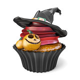 Halloween muffin with Jack O'Lantern and witch hat 3D