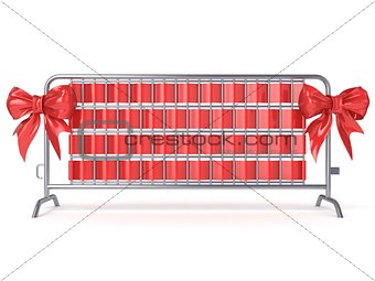 Steel barricades with red ribbon bows. Front view. 3D