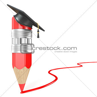 Red pencil with a graduation cap drawing red line. Education con