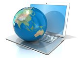 Laptop with illustration of earth globe, Asia and Oceania view. 