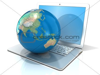 Laptop with illustration of earth globe, Asia and Oceania view. 