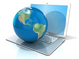 Laptop with illustration of earth globe, America view. 3D