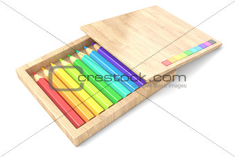 Wooden box with colorful pencils. 3D