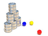 Tin cans and three balls. Side view. 3D