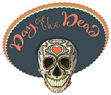 Day of the Dead. Painted skull in sombrero hat. Mexican holiday Dia de los Muertos. Lettering text greeting card