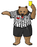 Brown russian bear soccer referee whistles and shows yellow card