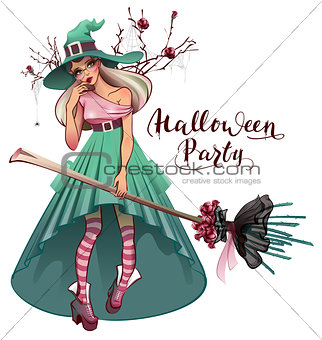 Cosplay fashionable dress for Halloween party. Beautiful young woman witch with broom