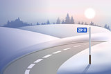 Kilometer mile pillar 2018 on winter road. Concept New Year