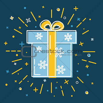 Shining gift box icon with snowflakes in flat style